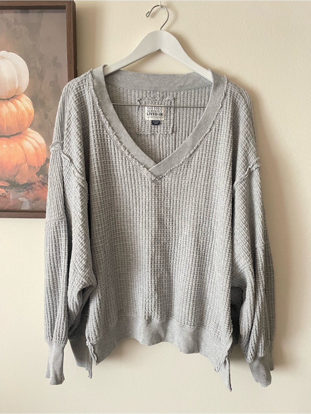 American Eagle Oversized Waffle Knit V-Neck Thermal Sweater Heather Grey